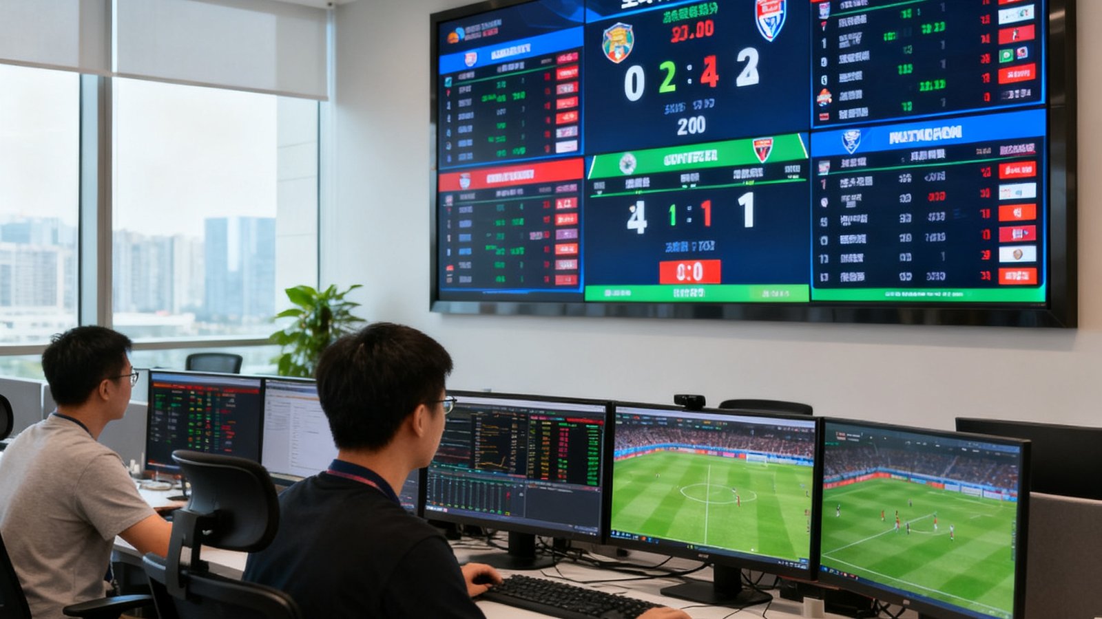新球体育深圳总部办公区内，技术团队成员正在多屏幕前监控全球赛事数据流，办公室墙上挂着大型电子比分屏，显示出多个联赛的实时比分
