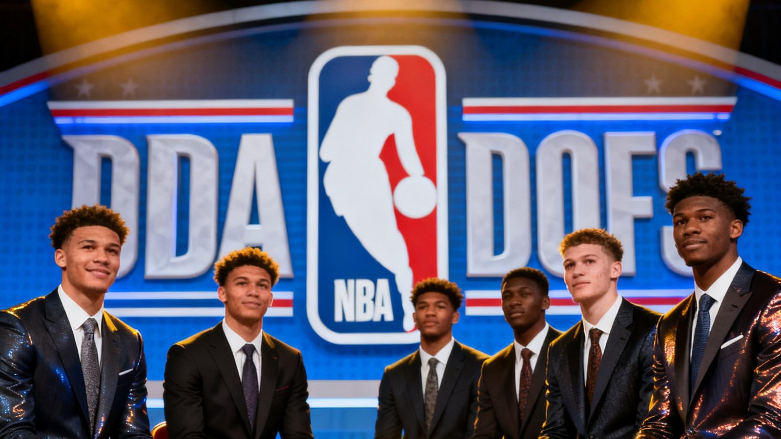 NBA选秀大会现场，新秀球员们身着西装坐在圆桌前等待被选中，背景是巨大的选秀标志和聚光灯